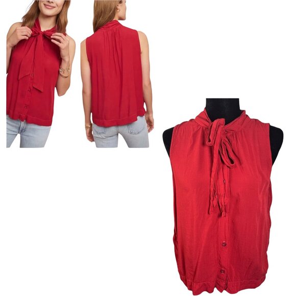 Cloth & Stone Anthropologie Red Flowy Tie Neck Blouse Size Medium - Picture 1 of 8